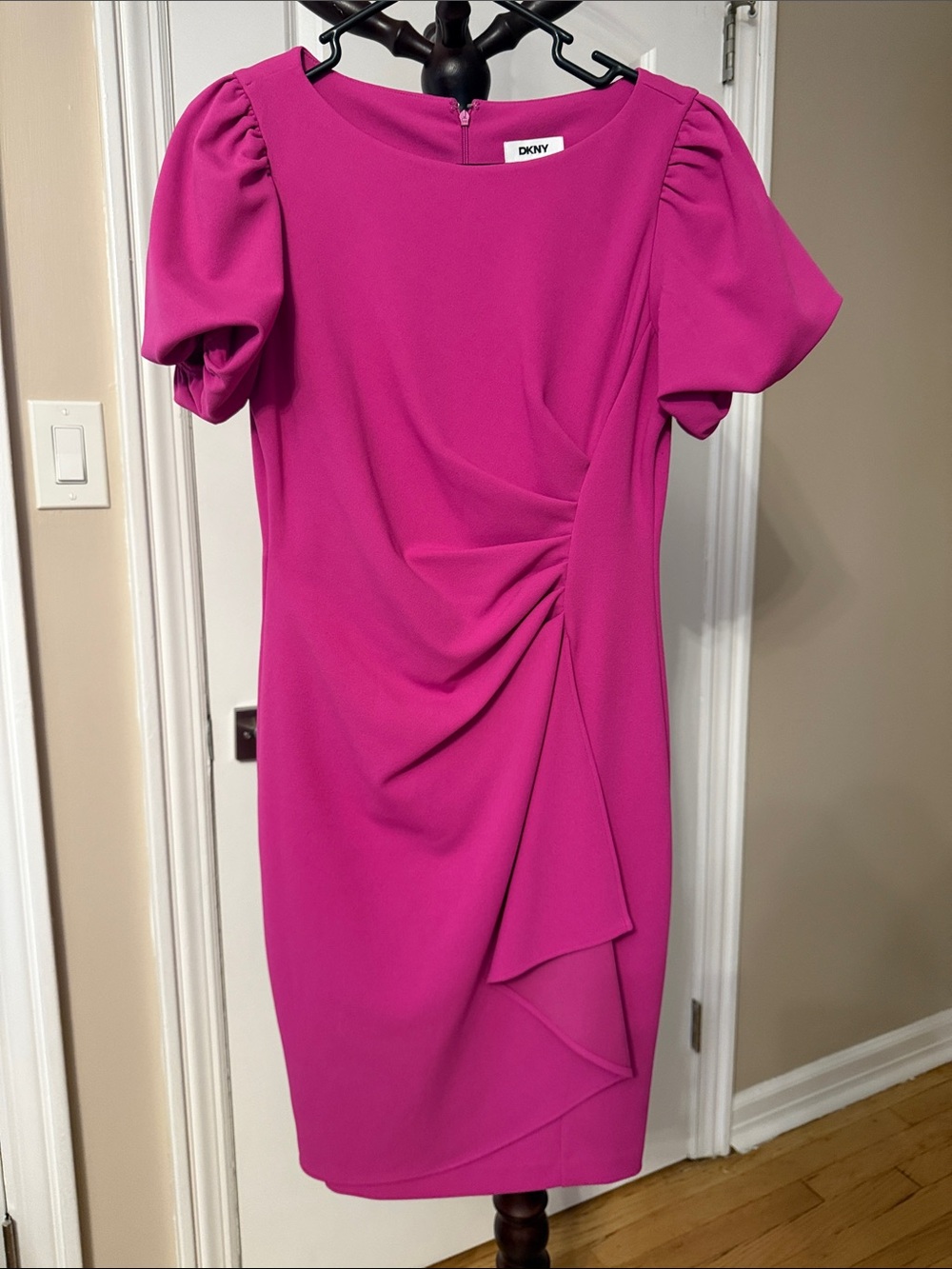 DKNY Magenta Puff-Sleeve Ruched Midi Dress